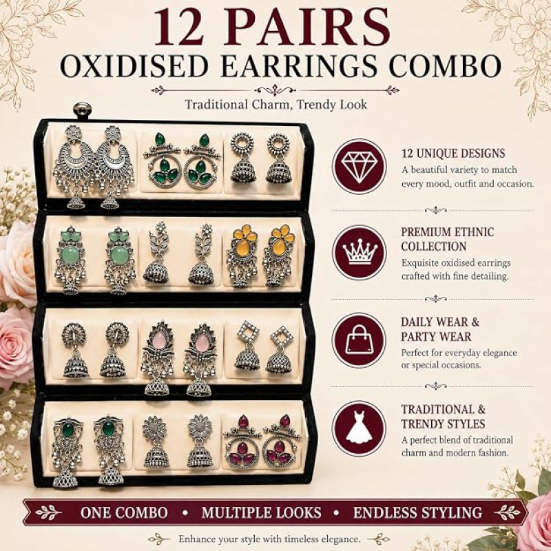 Oxidised Silver Plated Earrings Combo Set With Box for Women & Girls