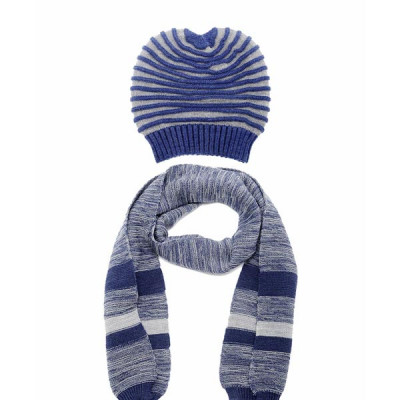 Blue & Grey Beanie With Muffler Set